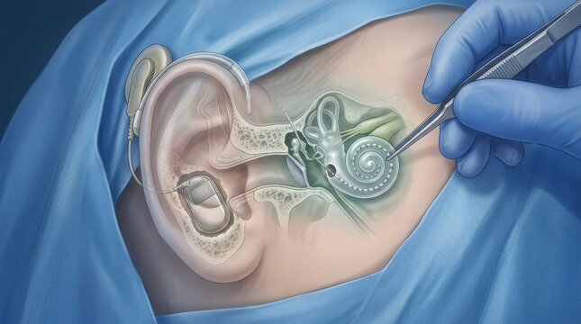 Cochlear implant surgery illustration showing inner ear anatomy and device placement