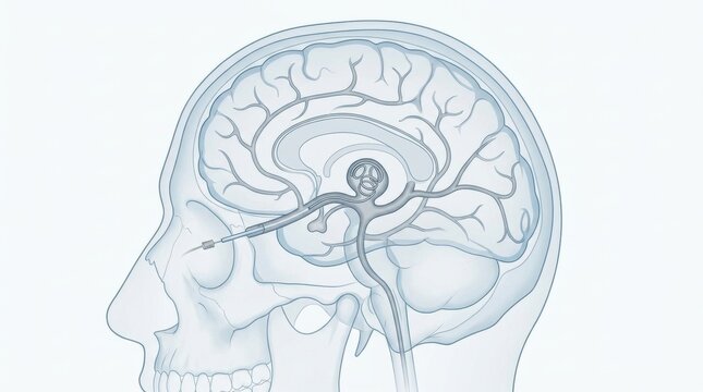 Illustration of endovascular coiling procedure for brain aneurysm treatment