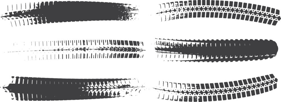 Grunge tire skid marks collection, distressed vehicle track textures vector illustration set for automotive design