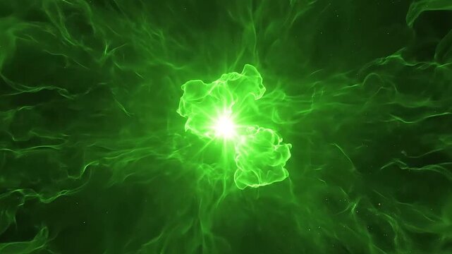 A bright green energy explosion radiates in the dark void space