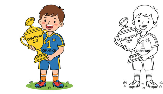 Happy Cartoon Boy in Soccer Uniform Holding Champion Cup Trophy