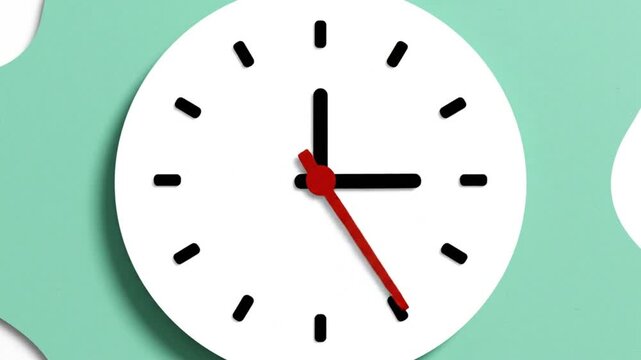 Time-lapse of clock hands rotating on a white clock face with black hour markers over a textured background