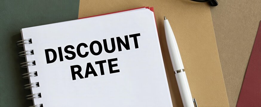 Spiral Bound Notebook With Words Discount Rate Prominently Displayed In Bold Black Letters On White Page Lying Flat Against Backdrop Of Various