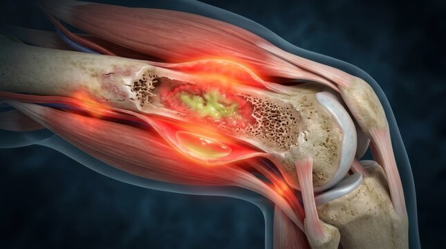 Close-up medical illustration of a diseased bone and inflamed knee joint