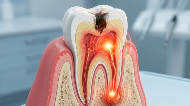 Cross-section of a decayed tooth showing pain and inflammation in the pulp