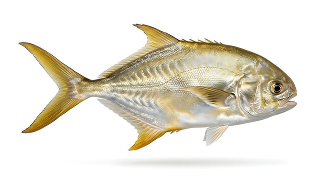 A side view of a shiny golden pompano fish isolated on a white background.