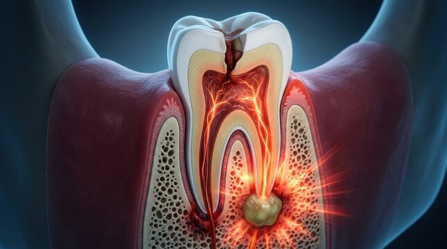 Cross-section of a diseased tooth showing decay and infection with inflammation