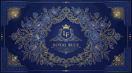Royal blue luxury floral decor, ornate emblem with crown and elegant botanical frame on dark background © Saharia