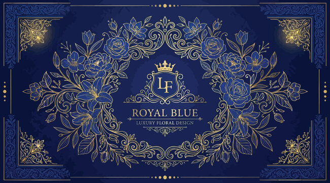 Royal blue luxury floral decor, ornate emblem with crown and elegant botanical frame on dark background