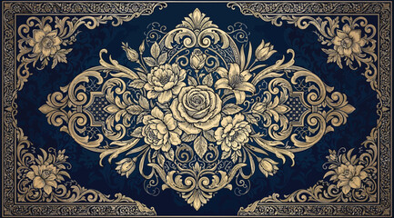 Luxurious dark blue background with intricate gold floral damask pattern © S.Siam