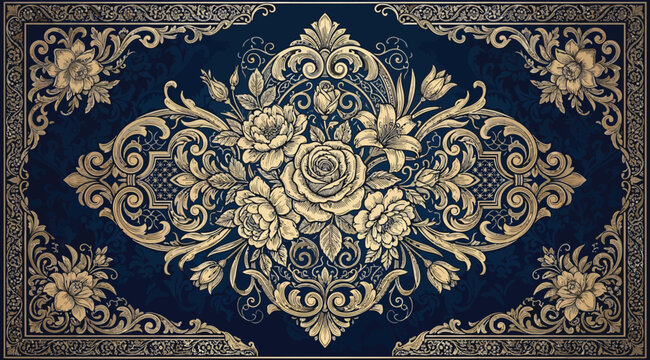 Luxurious dark blue background with intricate gold floral damask pattern