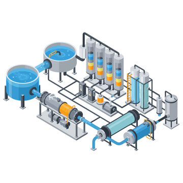 Isometric Water Treatment Plant Illustration for Industrial Purification.