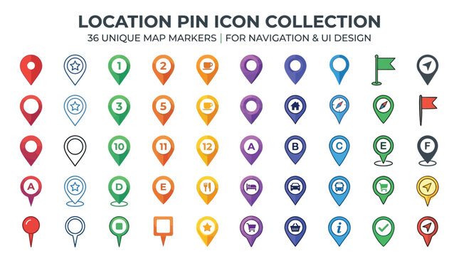 A comprehensive collection of thirty six colorful location pin map markers featuring diverse symbols numbers and letters for navigation interface design projects displayed in a neat grid format on whi