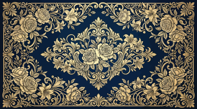 Elegant vintage floral pattern with intricate gold roses and ornate damask motifs on a deep navy blue background
