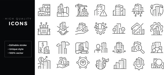 Set of  outline icons related to commercial buildings. Editable stroke. Linear icon . © Deloara