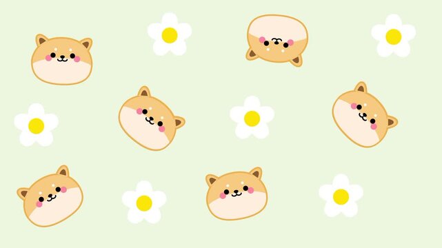 A cute pattern wallpaper featuring adorable shiba inu faces and white daisy flowers scattered across a soft green background