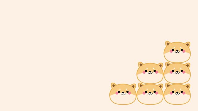 A group of cute kawaii shiba inu characters stacked in a pyramid formation on a soft pink background creating a fun team illustration