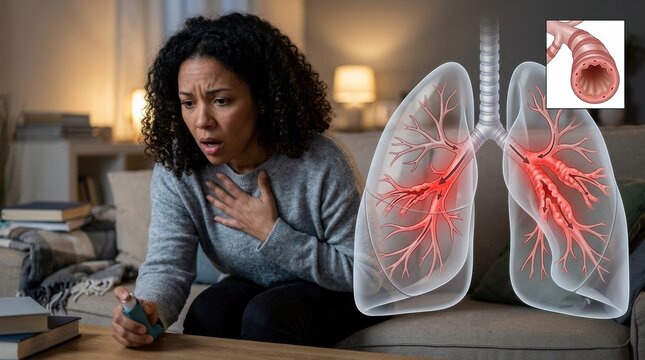 Woman experiencing asthma attack with inflamed airways and inhaler