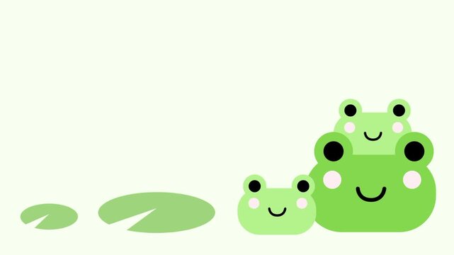 A cute kawaii green frog character sitting beside a lily pad on a soft light green background in a sweet simple cartoon illustration style