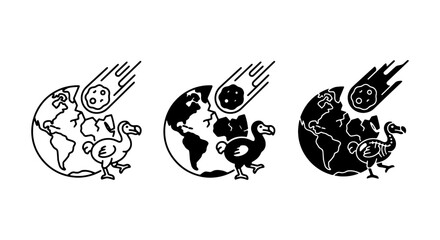 Extinction Event: Dodo Bird, Meteorite Impact, Earth Icons. Set of 3 Vector Graphics. © Shahinur