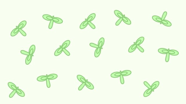 A seamless pattern featuring tiny kawaii green dragonfly illustrations scattered across a soft light green background in a cute repeat design