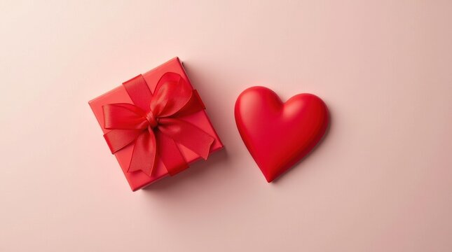 Red gift box with a silk ribbon bow and a heart shape symbol for valentine day celebration concept