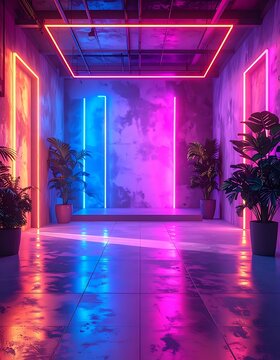 A futuristic room with neon lights and plants (292)