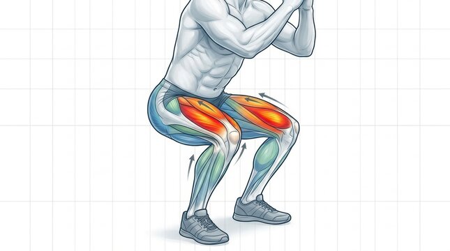 Anatomical illustration of muscles engaged during a squat exercise