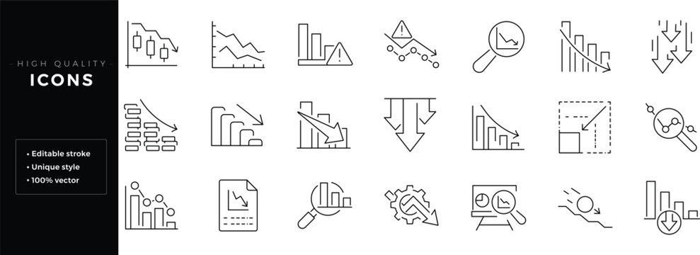 Set of outline icons related to reduction. Editable stroke. Linear icon.