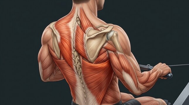 Detailed anatomical illustration of a man's back muscles during a cable row exercise