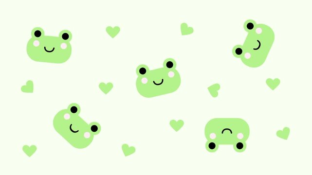 A cute seamless pattern featuring kawaii green frog faces with small hearts scattered across a light green background in cartoon style