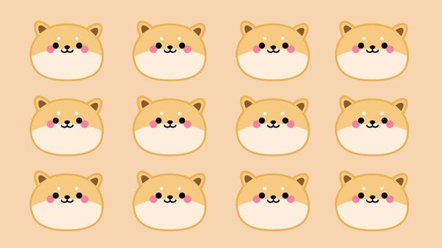 A grid pattern of twelve identical cute shiba inu faces arranged in rows on a soft orange background as a seamless repeat design