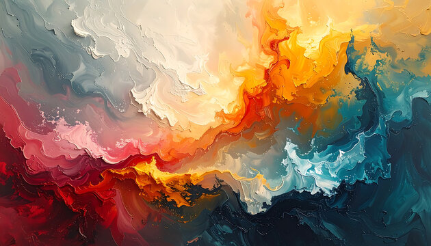 Abstract colorful swirling paint texture with vibrant red, orange, yellow, blue, and grey hues, dynamic flowing effect with small speckles, energetic and modern design