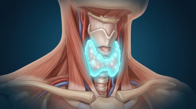 Detailed illustration of the human thyroid gland and surrounding neck anatomy