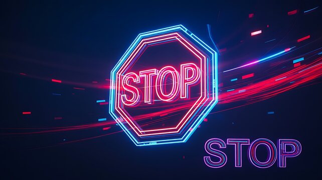 Neon stop sign warning symbol with futuristic light trails on dark background