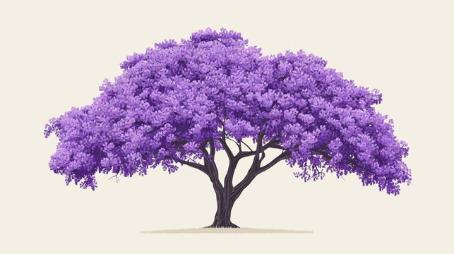 A large purple tree with dense canopy and dark twisting trunk on paleish ground
