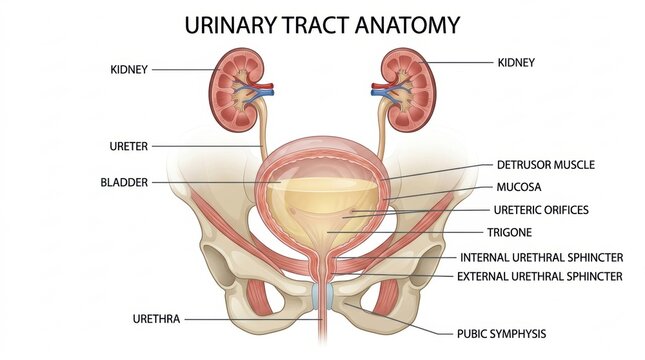 Detailed illustration of the human urinary tract anatomy with labeled organs and structures
