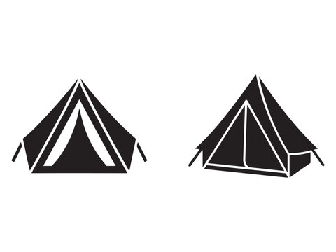 Two simple black tent icons in different angles for camping and outdoor activities  illustration