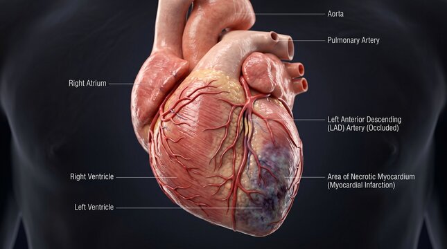 3D anatomical diagram of a human heart with an occluded LAD artery and necrotic myocardium, shown against a male torso silhouette background.