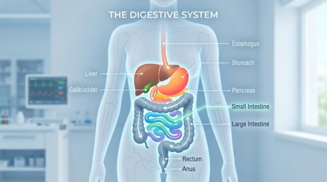 Anatomical illustration of the human digestive system with labeled organs