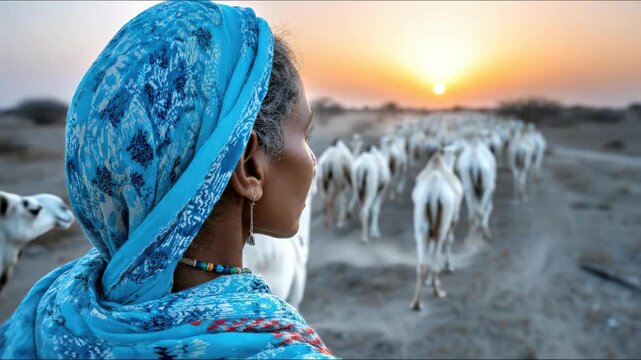 Woman in traditional blue headwear gazes ahead, guiding a large herd of dromedaries through sun drenched desert at sunrise, embodying enduring cultural heritage and nomadic journey