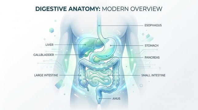 Digestive system anatomy illustration with labels for major organs