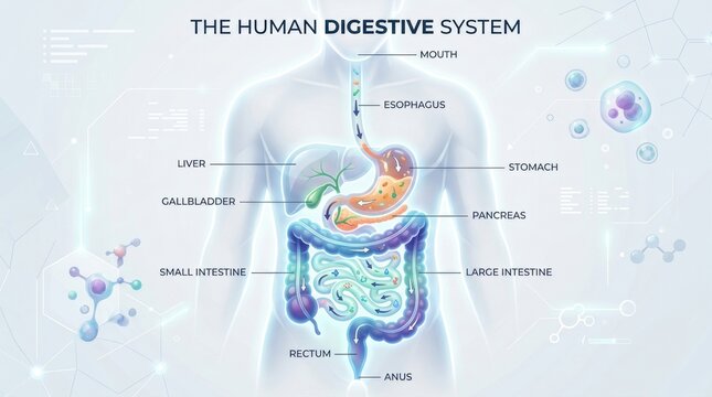 Detailed illustration of the human digestive system with labeled organs and pathways