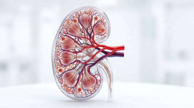 Detailed cross-section of a human kidney showing internal structures and blood vessels