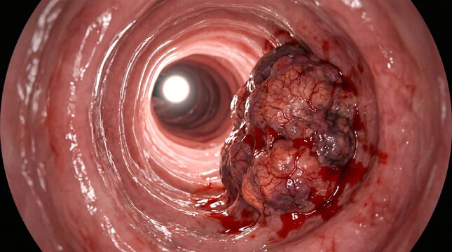Direct endoscopic camera view of a severe bleeding lung cancer mass obstructing the tracheal airway under bright surgical lighting.