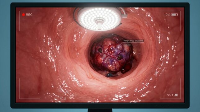 Medical monitor screen showing a live bronchoscopy recording of an advanced vascular lung cancer tumor inside the trachea.