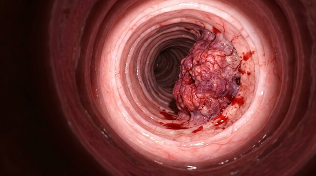 Deep tunnel bronchoscopy view with dark vignette revealing a bleeding malignant lung tumor attached to the pink tracheal wall.