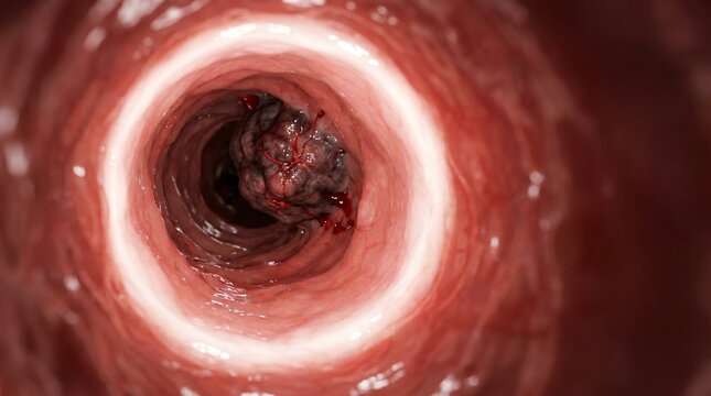 3D rendering of a bronchoscopy navigating through ridged pink tracheal rings towards a dark, bleeding lung cancer obstruction.