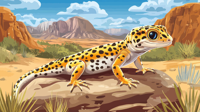 Bright deserted scene shows a leopard gecko perched on rock amid canyon and sky