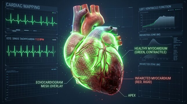 Futuristic 3D medical render of a heart displaying cardiac mapping HUD, highlighting green contractile healthy myocardium versus red rigid infarcted tissue from a heart attack.